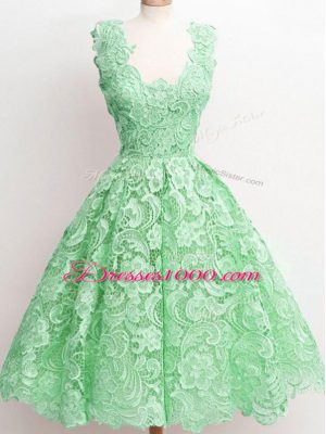 Modern Green Zipper Bridesmaid Dress Lace Sleeveless Knee Length