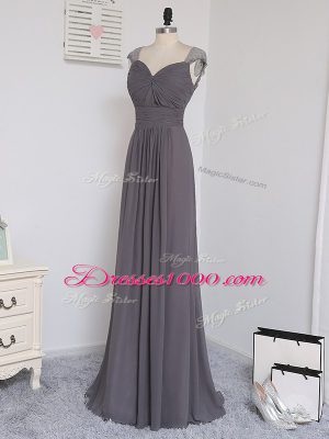 Grey Cap Sleeves Chiffon Brush Train Zipper Damas Dress for Prom and Party and Wedding Party
