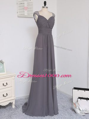 Grey Cap Sleeves Chiffon Brush Train Zipper Damas Dress for Prom and Party and Wedding Party