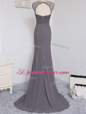 Grey Cap Sleeves Chiffon Brush Train Zipper Damas Dress for Prom and Party and Wedding Party