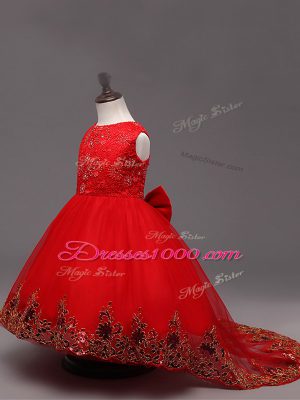 Lace and Bowknot Kids Formal Wear Red Zipper Sleeveless High Low