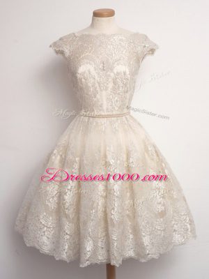 Captivating Champagne A-line Lace Quinceanera Dama Dress Lace Up Lace Cap Sleeves Knee Length