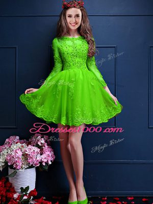 Inexpensive Green Chiffon Lace Up Dama Dress for Quinceanera 3 4 Length Sleeve Mini Length Beading and Lace and Appliques