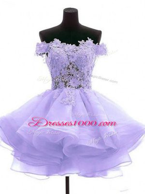 Modern Lavender Off The Shoulder Neckline Lace and Appliques Prom Party Dress Sleeveless Zipper