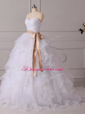 Sumptuous Sleeveless Organza Brush Train Lace Up Wedding Gowns in White with Beading and Ruffles and Sashes ribbons