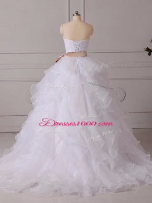 Sumptuous Sleeveless Organza Brush Train Lace Up Wedding Gowns in White with Beading and Ruffles and Sashes ribbons