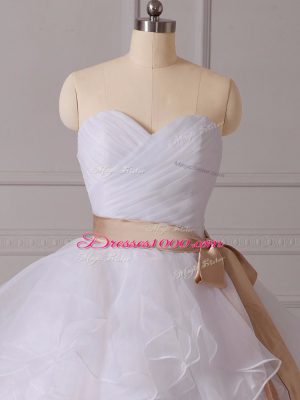 Sumptuous Sleeveless Organza Brush Train Lace Up Wedding Gowns in White with Beading and Ruffles and Sashes ribbons