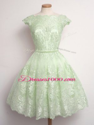 Enchanting Knee Length Yellow Green Wedding Party Dress Lace Cap Sleeves Lace
