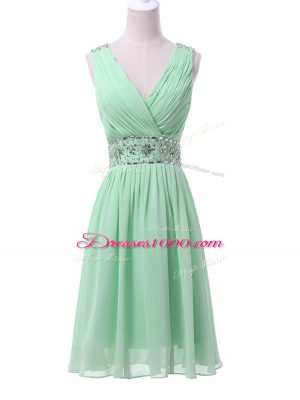 High Class Sleeveless Knee Length Beading and Ruching Zipper Quinceanera Court of Honor Dress with Apple Green