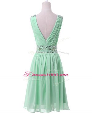 High Class Sleeveless Knee Length Beading and Ruching Zipper Quinceanera Court of Honor Dress with Apple Green