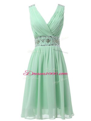 High Class Sleeveless Knee Length Beading and Ruching Zipper Quinceanera Court of Honor Dress with Apple Green