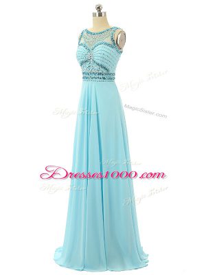 Dazzling Chiffon Scoop Sleeveless Zipper Beading Prom Evening Gown in Aqua Blue