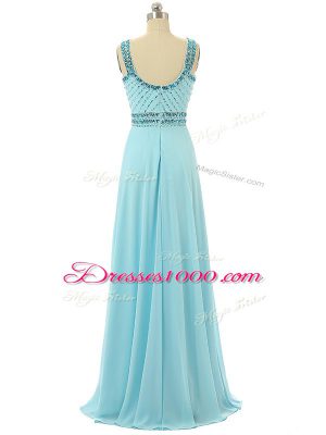 Dazzling Chiffon Scoop Sleeveless Zipper Beading Prom Evening Gown in Aqua Blue