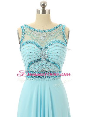 Dazzling Chiffon Scoop Sleeveless Zipper Beading Prom Evening Gown in Aqua Blue