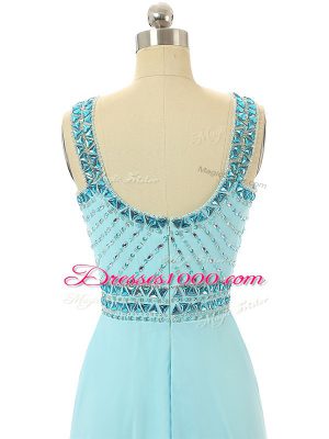 Dazzling Chiffon Scoop Sleeveless Zipper Beading Prom Evening Gown in Aqua Blue