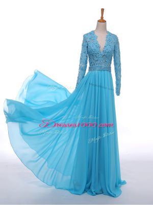 Latest Lace Mother of Bride Dresses Baby Blue Zipper Long Sleeves Floor Length