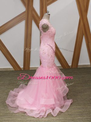 Classical Mermaid Formal Evening Gowns Baby Pink V-neck Tulle Cap Sleeves Backless