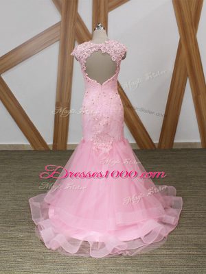 Classical Mermaid Formal Evening Gowns Baby Pink V-neck Tulle Cap Sleeves Backless