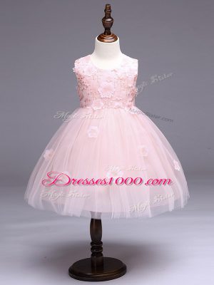 Tulle Sleeveless Knee Length Flower Girl Dress and Appliques and Bowknot