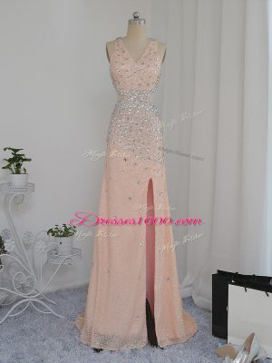 Dazzling V-neck Sleeveless Prom Dresses Floor Length Beading Peach Chiffon