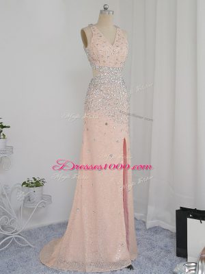 Dazzling V-neck Sleeveless Prom Dresses Floor Length Beading Peach Chiffon