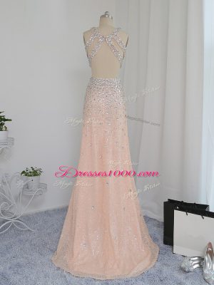 Dazzling V-neck Sleeveless Prom Dresses Floor Length Beading Peach Chiffon