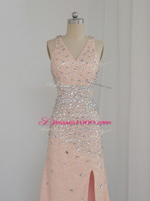 Dazzling V-neck Sleeveless Prom Dresses Floor Length Beading Peach Chiffon