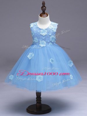 Appliques and Bowknot Pageant Gowns For Girls Light Blue Zipper Sleeveless Knee Length
