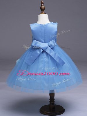 Appliques and Bowknot Pageant Gowns For Girls Light Blue Zipper Sleeveless Knee Length