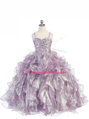 Floor Length Lavender Pageant Gowns For Girls Organza Sleeveless Beading and Ruffles