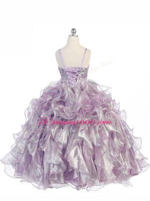 Floor Length Lavender Pageant Gowns For Girls Organza Sleeveless Beading and Ruffles