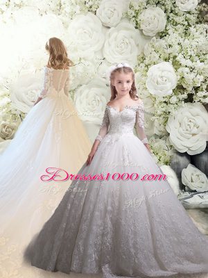 Off The Shoulder Half Sleeves 15 Quinceanera Dress Chapel Train Lace White Tulle