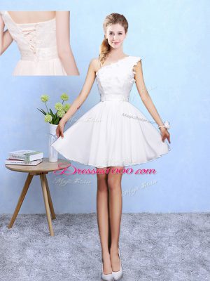 Chiffon Asymmetric Sleeveless Lace Up Appliques Dama Dress for Quinceanera in White
