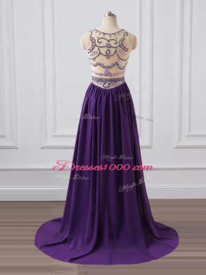 Zipper Prom Party Dress Purple for Prom and Military Ball and Sweet 16 with Beading Brush Train