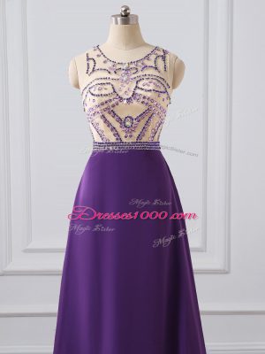 Zipper Prom Party Dress Purple for Prom and Military Ball and Sweet 16 with Beading Brush Train