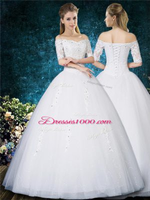 Chic White Wedding Dresses Wedding Party with Beading and Appliques and Embroidery Off The Shoulder Half Sleeves Lace Up