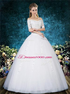 Chic White Wedding Dresses Wedding Party with Beading and Appliques and Embroidery Off The Shoulder Half Sleeves Lace Up