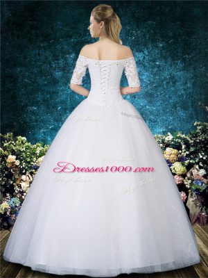 Chic White Wedding Dresses Wedding Party with Beading and Appliques and Embroidery Off The Shoulder Half Sleeves Lace Up