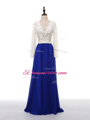 Blue And White V-neck Zipper Lace and Appliques Mother of Bride Dresses Long Sleeves