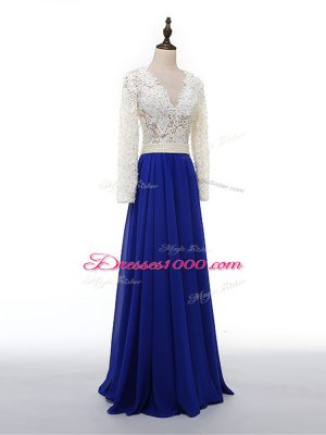 Blue And White V-neck Zipper Lace and Appliques Mother of Bride Dresses Long Sleeves