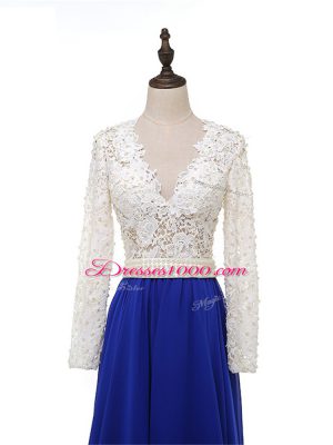 Blue And White V-neck Zipper Lace and Appliques Mother of Bride Dresses Long Sleeves
