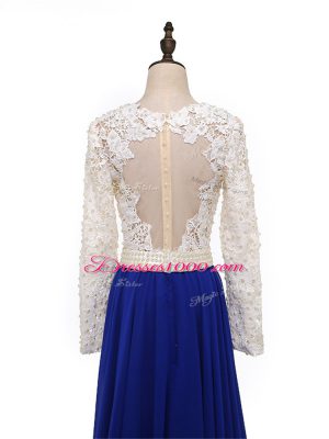 Blue And White V-neck Zipper Lace and Appliques Mother of Bride Dresses Long Sleeves