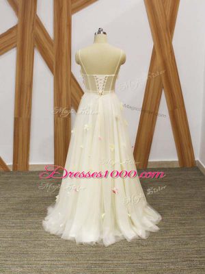 Champagne Sleeveless Floor Length Hand Made Flower Lace Up Evening Dress