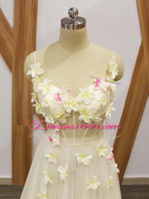 Champagne Sleeveless Floor Length Hand Made Flower Lace Up Evening Dress