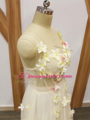 Champagne Sleeveless Floor Length Hand Made Flower Lace Up Evening Dress