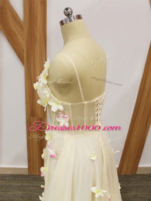 Champagne Sleeveless Floor Length Hand Made Flower Lace Up Evening Dress