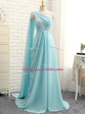Aqua Blue Bridesmaid Gown Prom and Party and Wedding Party with Beading and Ruching One Shoulder Sleeveless Brush Train Zipper