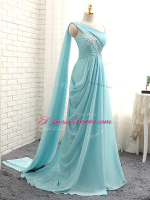 Aqua Blue Bridesmaid Gown Prom and Party and Wedding Party with Beading and Ruching One Shoulder Sleeveless Brush Train Zipper