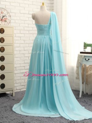 Aqua Blue Bridesmaid Gown Prom and Party and Wedding Party with Beading and Ruching One Shoulder Sleeveless Brush Train Zipper