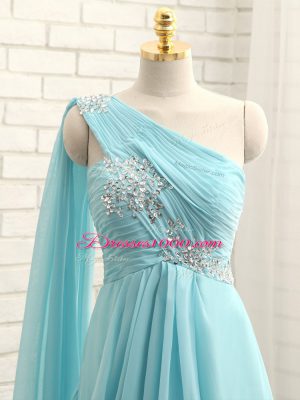 Aqua Blue Bridesmaid Gown Prom and Party and Wedding Party with Beading and Ruching One Shoulder Sleeveless Brush Train Zipper